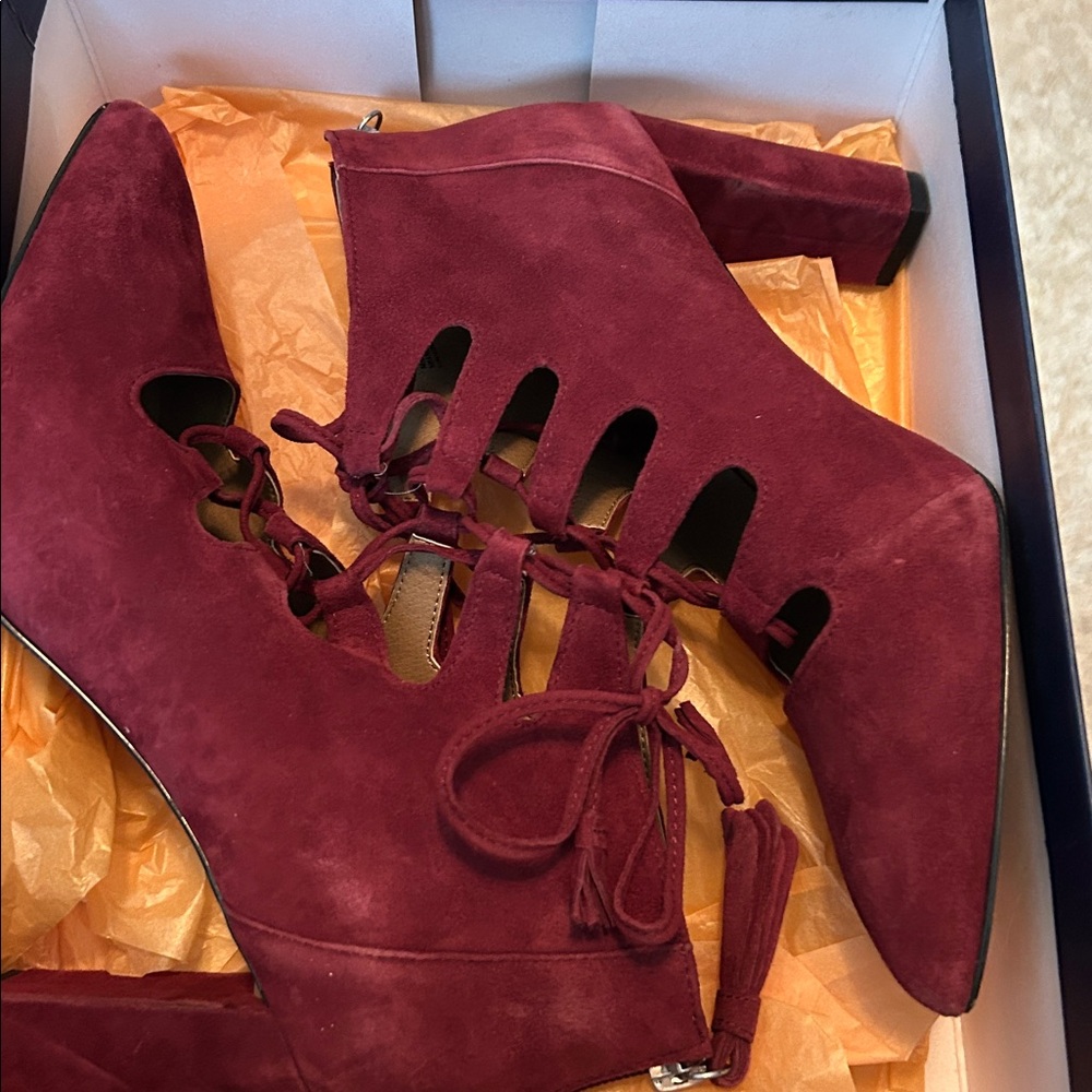 Wine colored, suede tie up booty